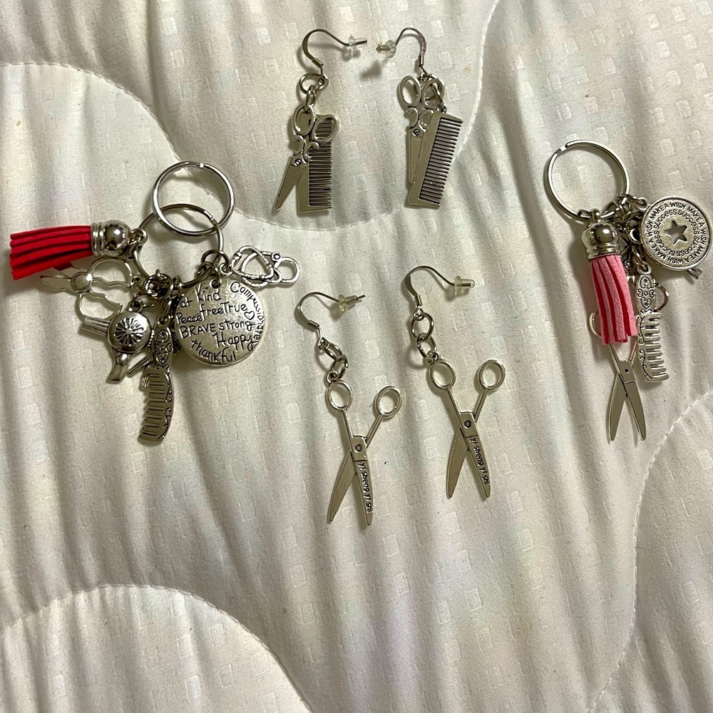 Hairstylist earrings abd keychains